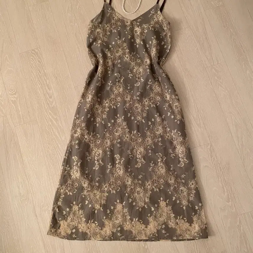 [BUNJANG] Floral Print Long Slip Dress / 브라운 슬립 롱 원피스 밴딩 꽃무늬 꽃패턴 플라워패턴 레이스 나시