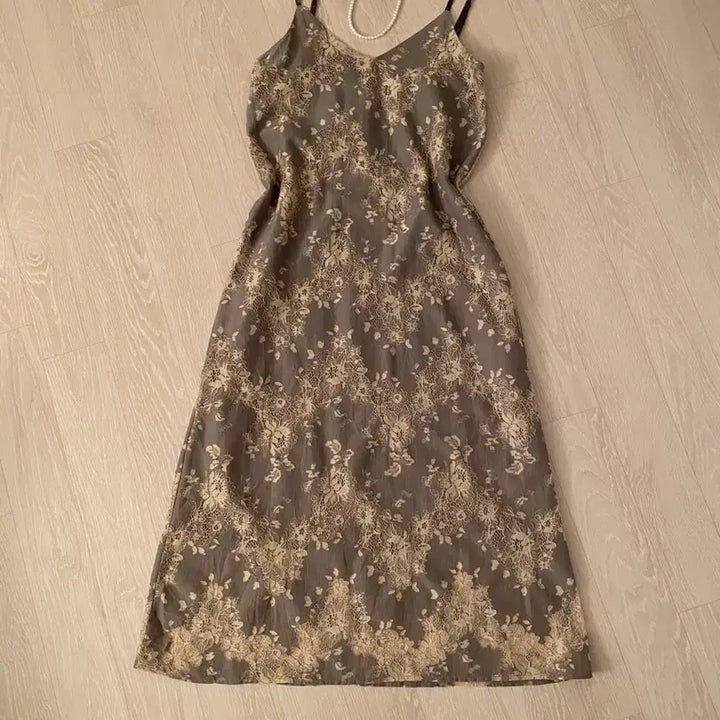 [BUNJANG] Floral Print Long Slip Dress / 브라운 슬립 롱 원피스 밴딩 꽃무늬 꽃패턴 플라워패턴 레이스 나시