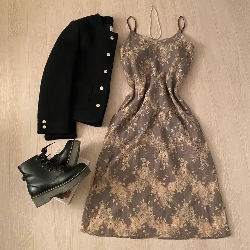 [BUNJANG] Floral Print Long Slip Dress / 브라운 슬립 롱 원피스 밴딩 꽃무늬 꽃패턴 플라워패턴 레이스 나시