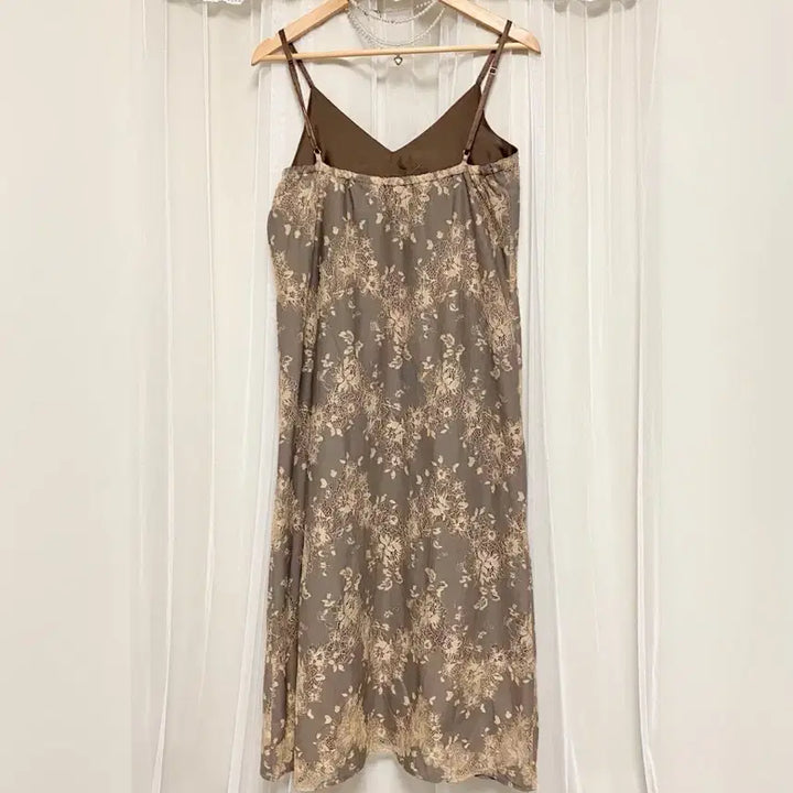 [BUNJANG] Floral Print Long Slip Dress / 브라운 슬립 롱 원피스 밴딩 꽃무늬 꽃패턴 플라워패턴 레이스 나시