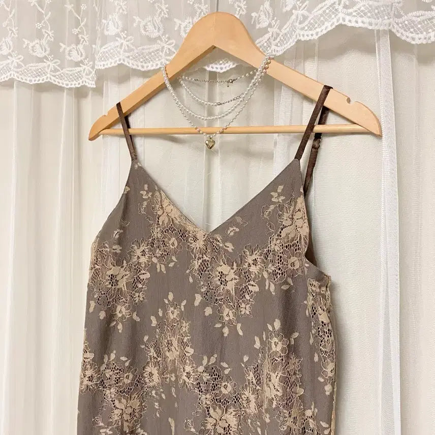 [BUNJANG] Floral Print Long Slip Dress / 브라운 슬립 롱 원피스 밴딩 꽃무늬 꽃패턴 플라워패턴 레이스 나시