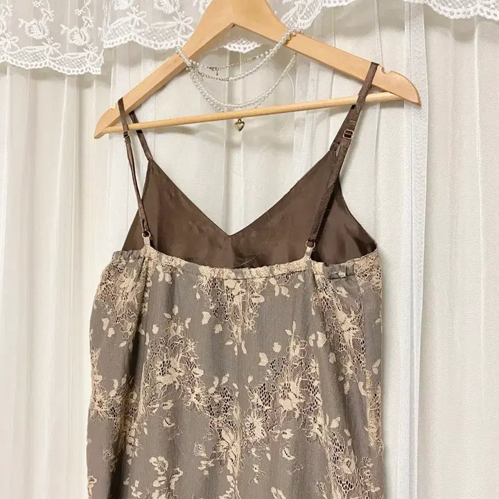 [BUNJANG] Floral Print Long Slip Dress / 브라운 슬립 롱 원피스 밴딩 꽃무늬 꽃패턴 플라워패턴 레이스 나시