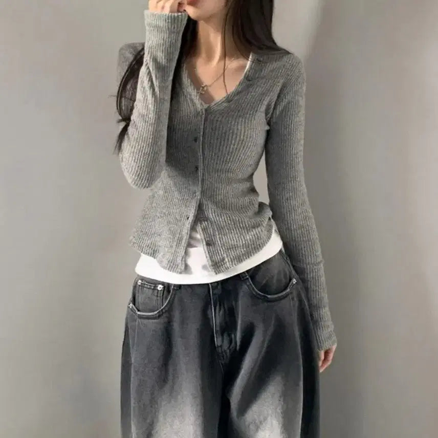 [BUNJANG] Ably Ribbed V-Neck Cardigan Set / 에이블리 골지 브이넥 가디건 (이너세트)