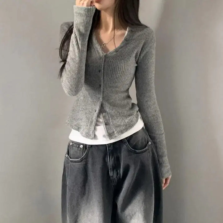 [BUNJANG] Ably Ribbed V-Neck Cardigan Set / 에이블리 골지 브이넥 가디건 (이너세트)