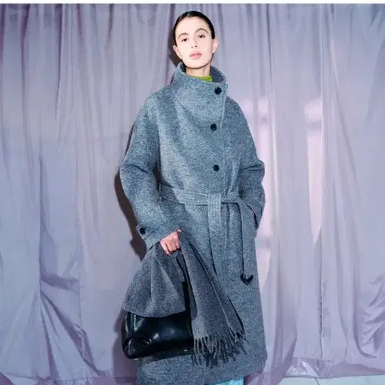 [BUNJANG] Loeuvre Belted High Neck Long Coat - Gray / 루에브르 벨티드 하이넥 롱코트 그레이 새상품