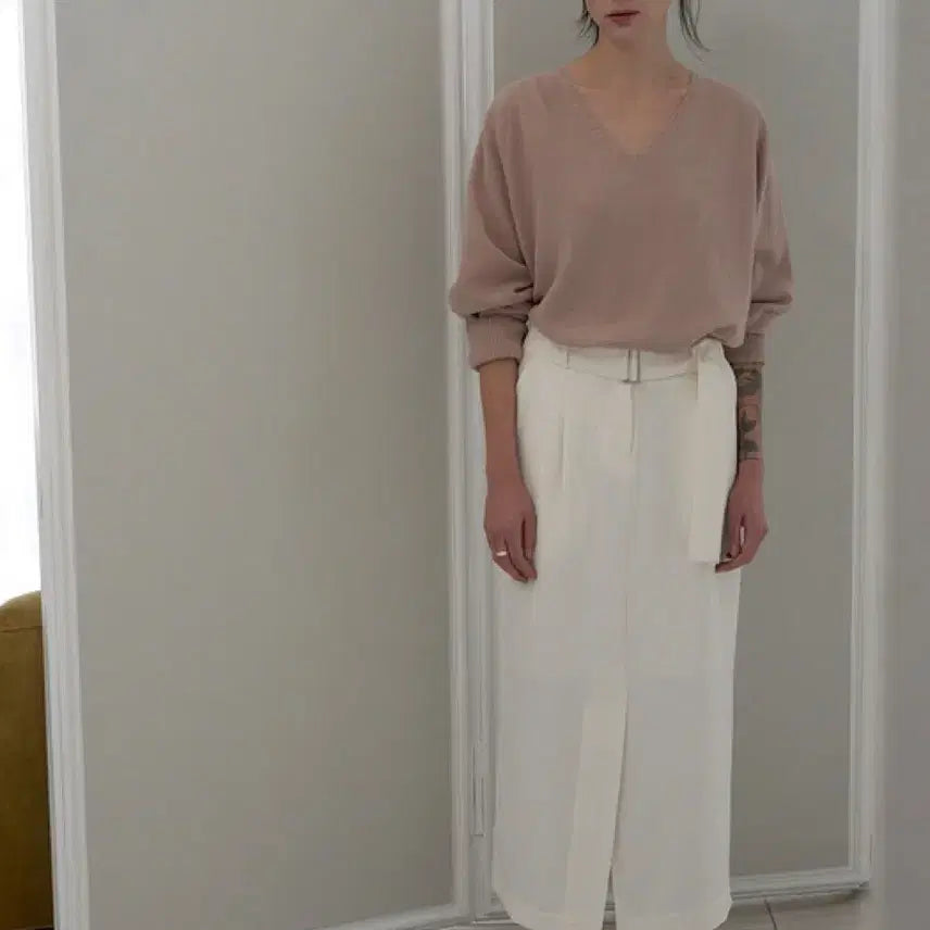 [BUNJANG] Obbeige Low Pin-Tuck Belted Skirt - Ivory / 오브베이지 LOW PIN-TUCK BELTED SKIRT_IVORY_OE