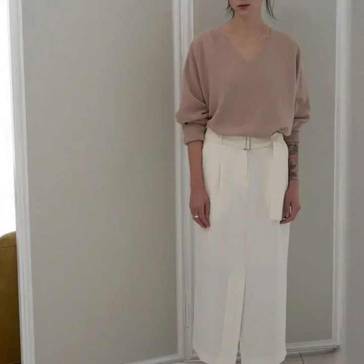 [BUNJANG] Obbeige Low Pin-Tuck Belted Skirt - Ivory / 오브베이지 LOW PIN-TUCK BELTED SKIRT_IVORY_OE