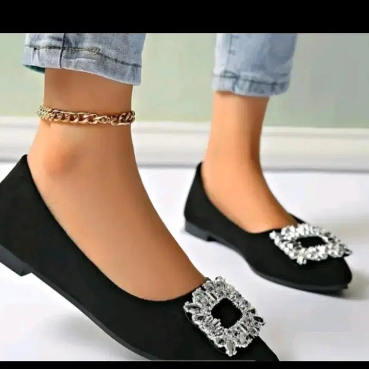 [BUNJANG] Black Cubic Embellished Flat Shoes / 새상품 블랙 큐빅 장식 플랫 슈즈250