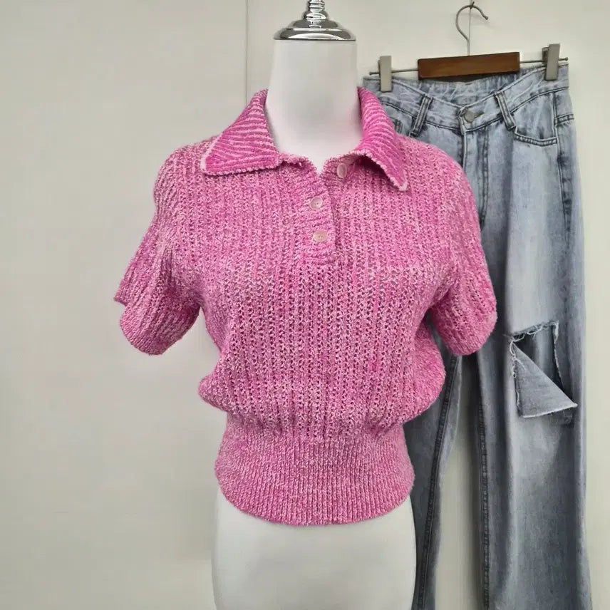 [BUNJANG] Pink Knit Polo Shirt / 핑크 니트 반팔 카라 티셔츠