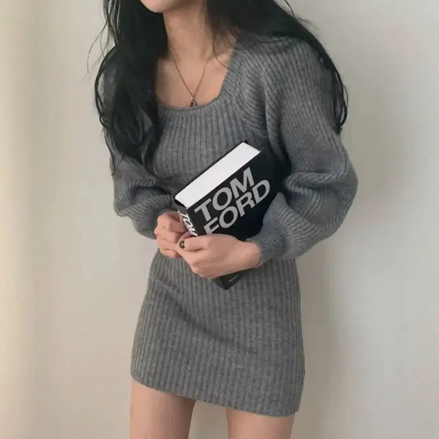 [SOLD OUT] 에이블리 슈가파우더 퍼프 골지니트 스퀘어넥 원피스