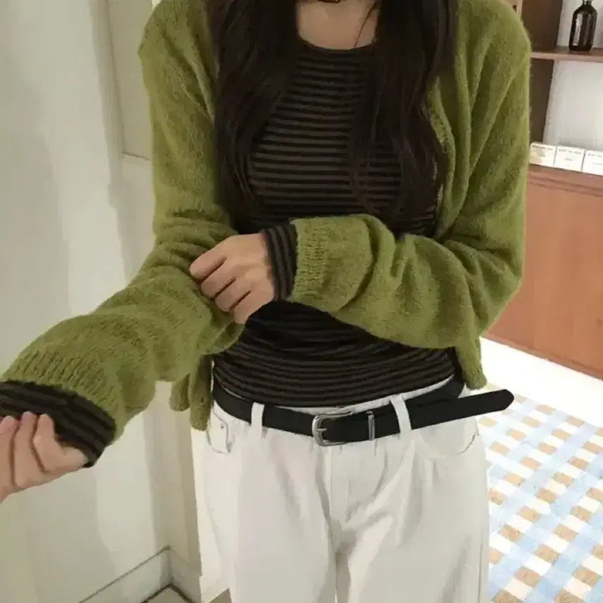 [BUNJANG] Olive Knit Cardigan / 울니트 올리브 가디건