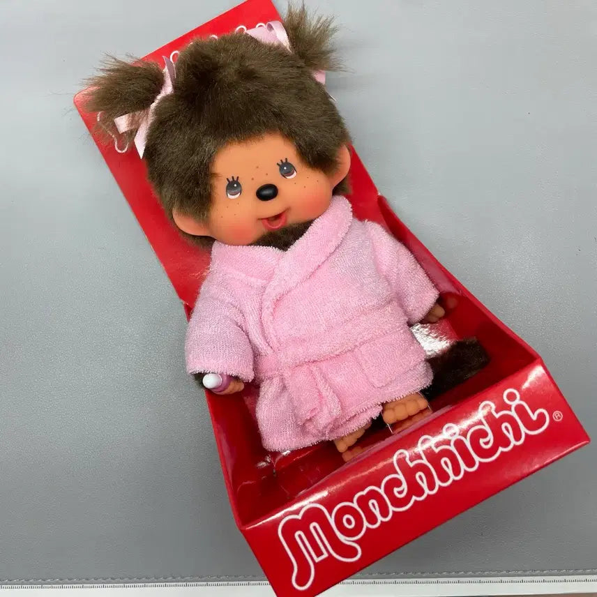 [BUNJANG] Monchhichi S Pink Bathrobe Doll / 몬치치 S 양갈래 인형 목욕 핑크 가운 샤워가운 여아