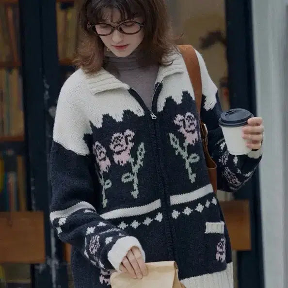 [BUNJANG] Letter From Moon Flower Jacquard Knit Wool Zip-Up / 레터프롬문 플라워 쟈가드 니트 울집업