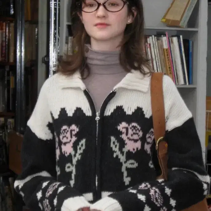 [BUNJANG] Letter From Moon Flower Jacquard Knit Wool Zip-Up / 레터프롬문 플라워 쟈가드 니트 울집업