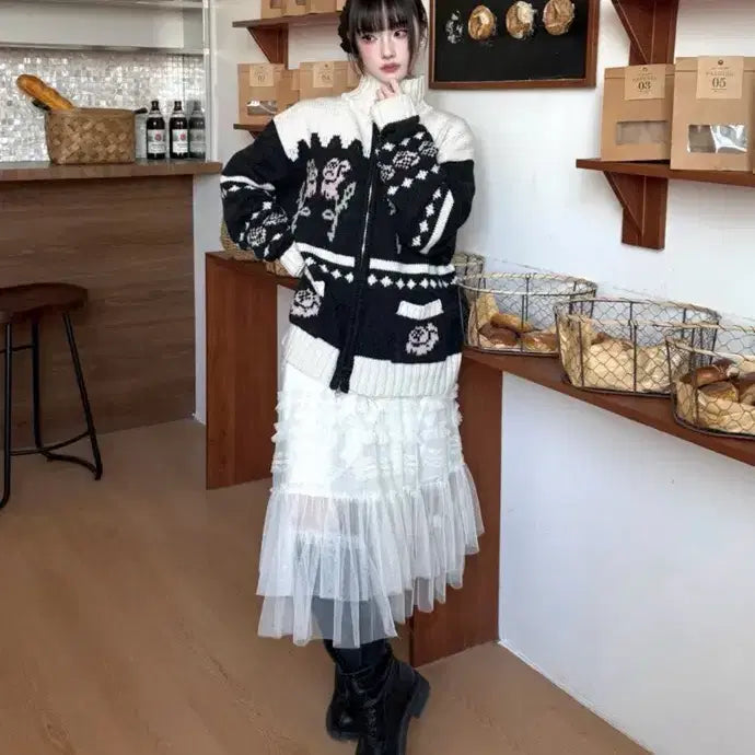 [BUNJANG] Letter From Moon Flower Jacquard Knit Wool Zip-Up / 레터프롬문 플라워 쟈가드 니트 울집업