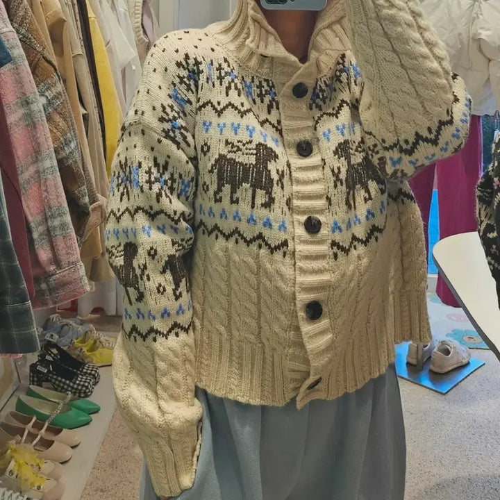 [BUNJANG] Nordic Deer Snow Flower Cardigan / 노르딕 사슴 눈꽃 가디건