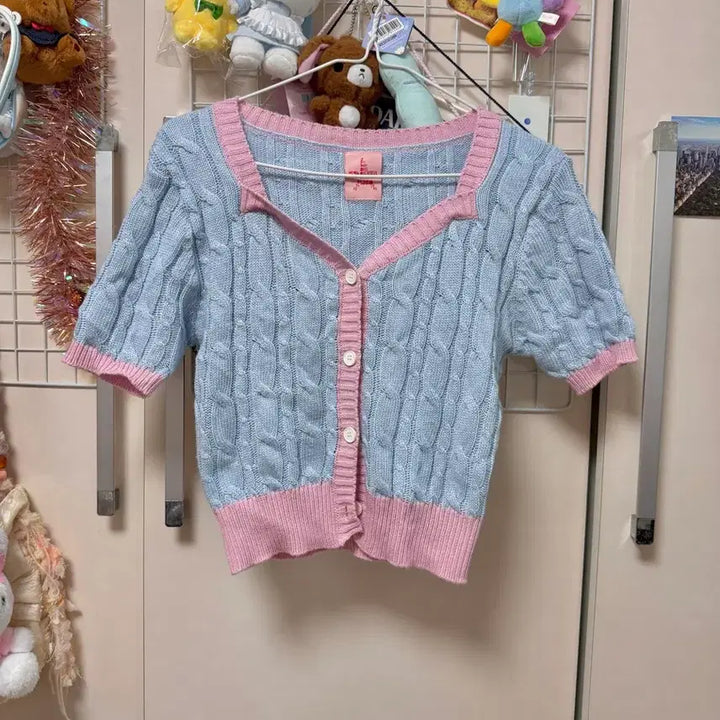 [BUNJANG] Highschool Disco Pink Accent Cardigan / 하이스쿨디스코 반팔 니트 소라 핑크 가디건