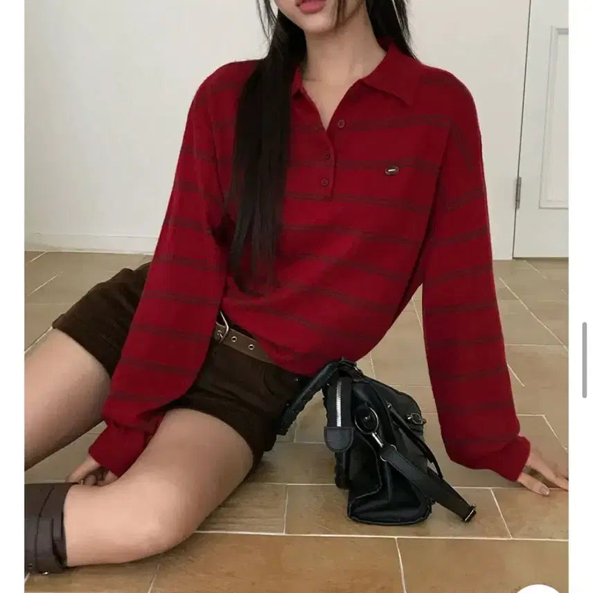 [BUNJANG] Kim Ahop Blackup Stripe Collar T-Shirt / 줄무늬 카라 티셔츠 스프라이프 긴팔 미쏘 에잇세컨즈 김아홉 바온 블랙업