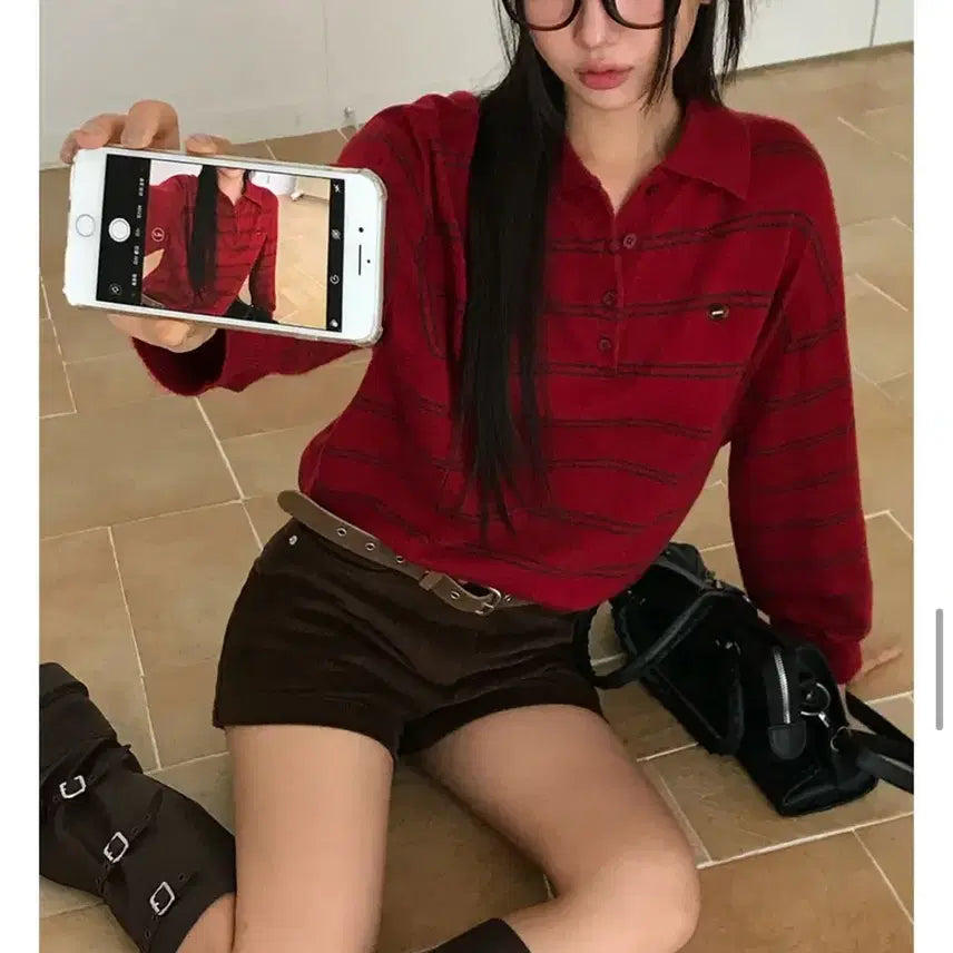 [BUNJANG] Kim Ahop Blackup Stripe Collar T-Shirt / 줄무늬 카라 티셔츠 스프라이프 긴팔 미쏘 에잇세컨즈 김아홉 바온 블랙업