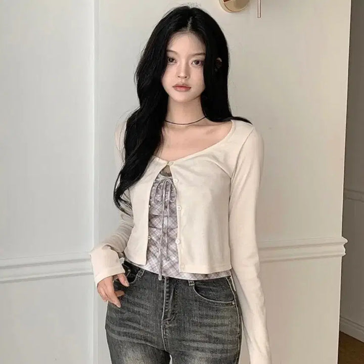 [BUNJANG] Twee Round Neck Long Sleeve Ivory Cardigan / 새상품 | 트위 라운드넥 긴팔 여리핏 아이보리 가디건 급처 ! twee