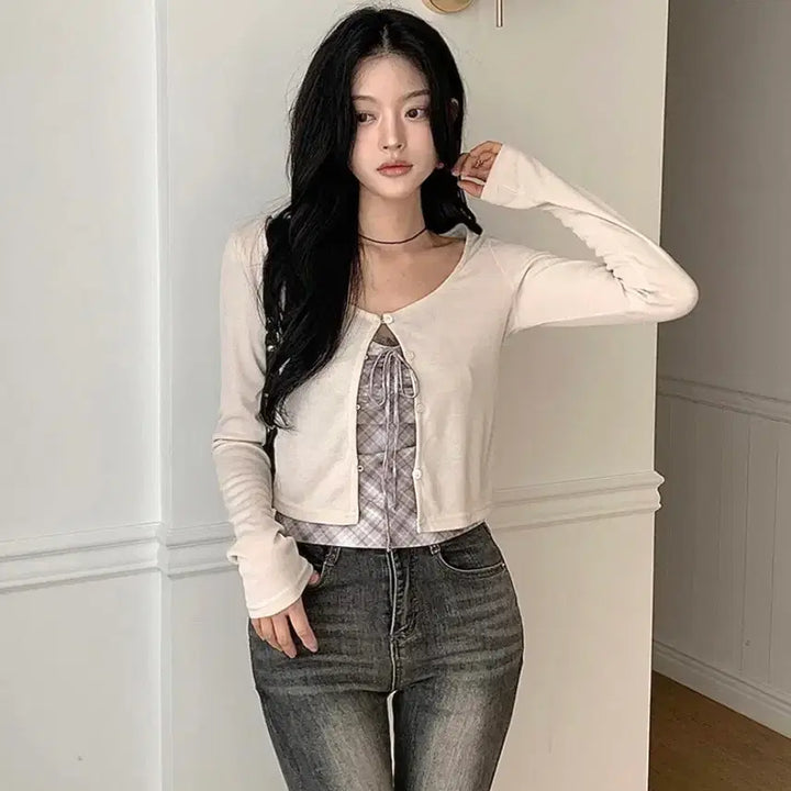[BUNJANG] Twee Round Neck Long Sleeve Ivory Cardigan / 새상품 | 트위 라운드넥 긴팔 여리핏 아이보리 가디건 급처 ! twee