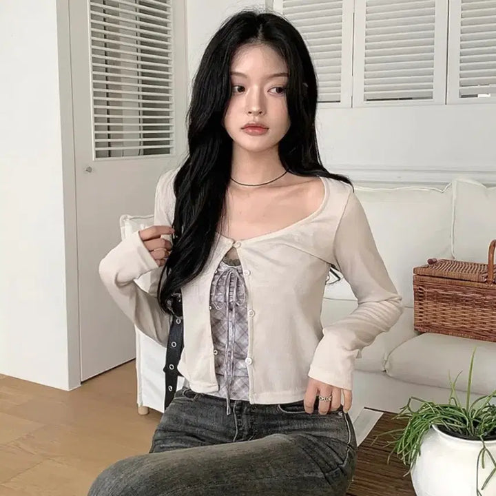 [BUNJANG] Twee Round Neck Long Sleeve Ivory Cardigan / 새상품 | 트위 라운드넥 긴팔 여리핏 아이보리 가디건 급처 ! twee