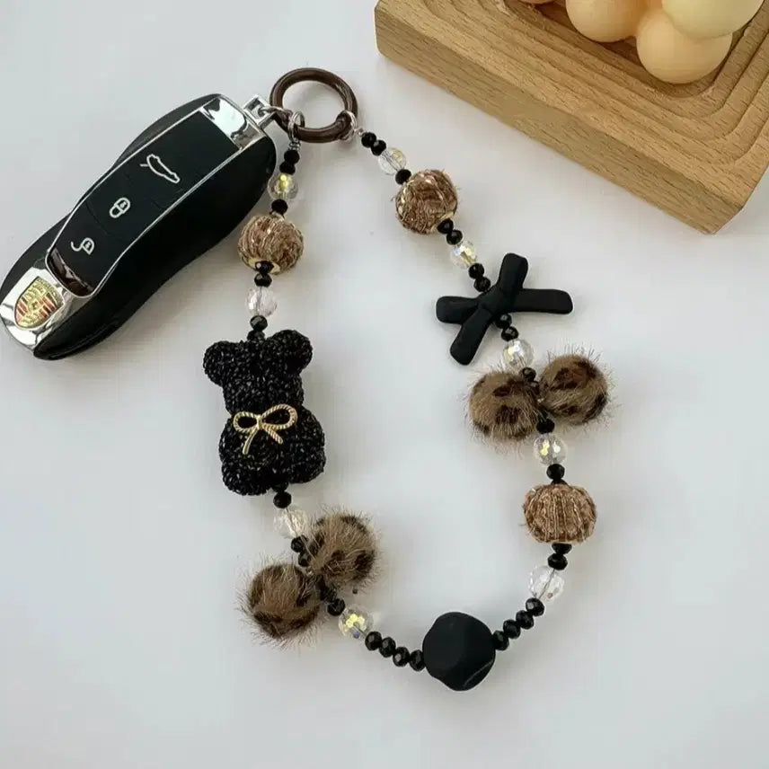 [BUNJANG] Leopard Print Phone Charm / 리본 곰돌이 레오파드 무늬 장식 휴대폰 고리 (새상품)