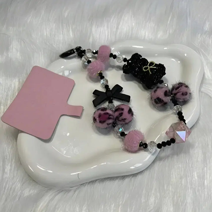 [BUNJANG] Leopard Print Phone Charm / 리본 곰돌이 레오파드 무늬 장식 휴대폰 고리 (새상품)