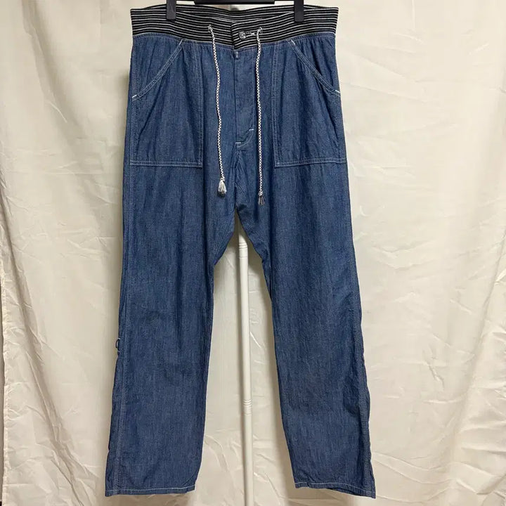 [BUNJANG] Reunion Made Chambray Fatigue Pants - Blue, Size 34 / 리 유니온 메이드 시보리 립 밴딩 샴브레이 퍼티그팬츠 / 블루, 34
