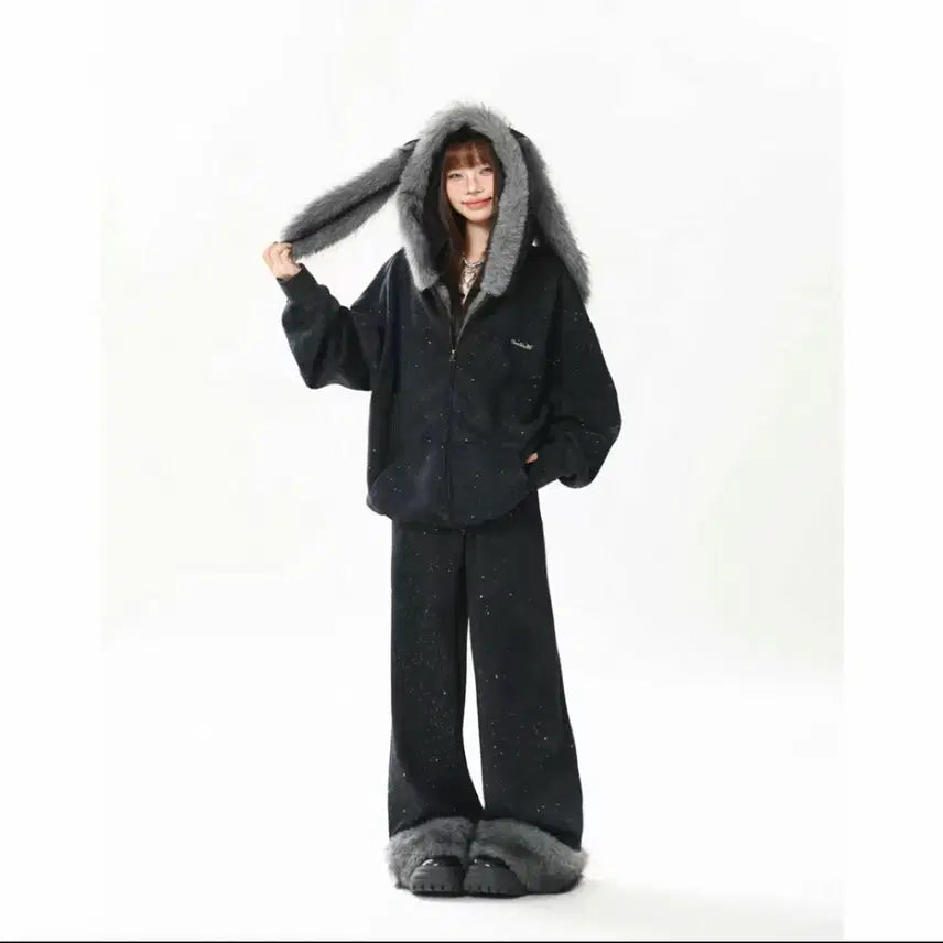 [BUNJANG] Ablie Rabbit Ear Hoodie & Wide Pants Set / 에이블리 지뢰계 양산형 토끼 귀 후드 집업 & 퍼 와이드 팬츠 세트
