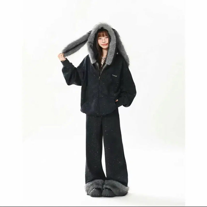 [BUNJANG] Ablie Rabbit Ear Hoodie & Wide Pants Set / 에이블리 지뢰계 양산형 토끼 귀 후드 집업 & 퍼 와이드 팬츠 세트