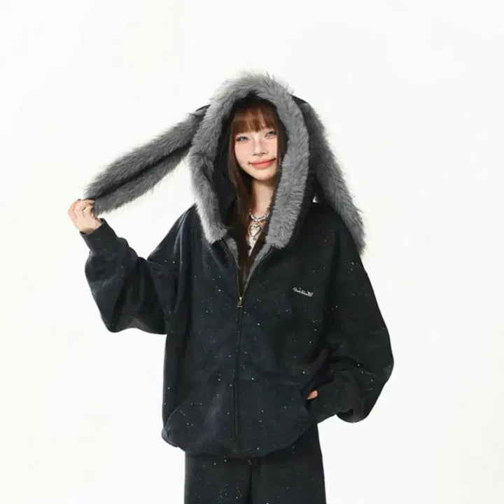 [BUNJANG] Ablie Rabbit Ear Hoodie & Wide Pants Set / 에이블리 지뢰계 양산형 토끼 귀 후드 집업 & 퍼 와이드 팬츠 세트