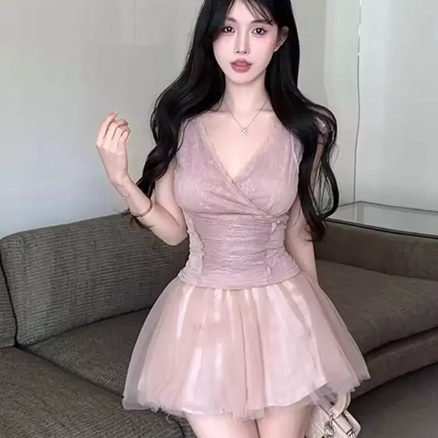 [BUNJANG] Imported Two-Piece Set - Pink Lace Blouse & Skirt / (새상품, 고급고퀄) 수입의류 투피스세트 핑크 레이스블라우스 + 샤스커트