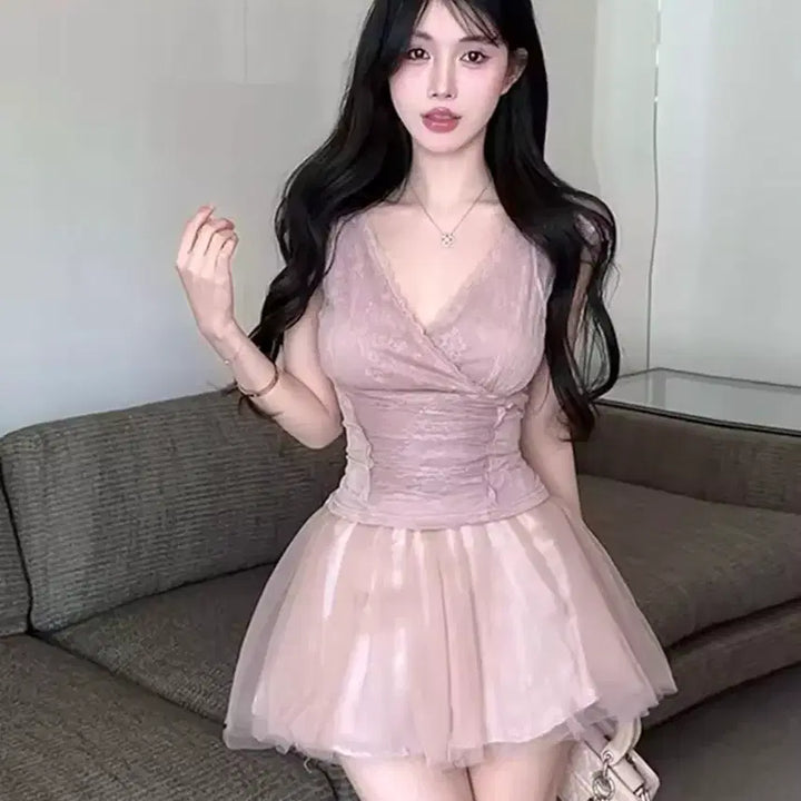 [BUNJANG] Imported Two-Piece Set - Pink Lace Blouse & Skirt / (새상품, 고급고퀄) 수입의류 투피스세트 핑크 레이스블라우스 + 샤스커트