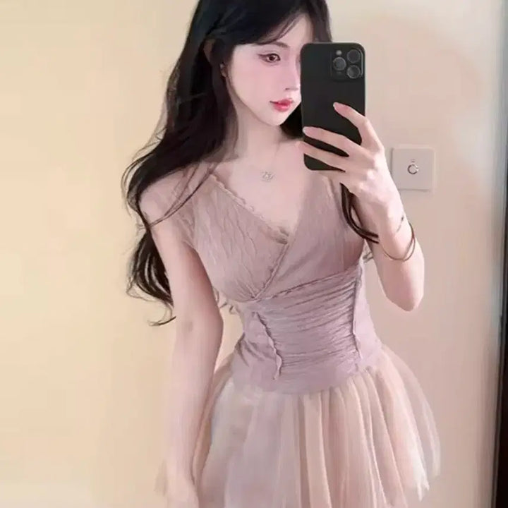 [BUNJANG] Imported Two-Piece Set - Pink Lace Blouse & Skirt / (새상품, 고급고퀄) 수입의류 투피스세트 핑크 레이스블라우스 + 샤스커트