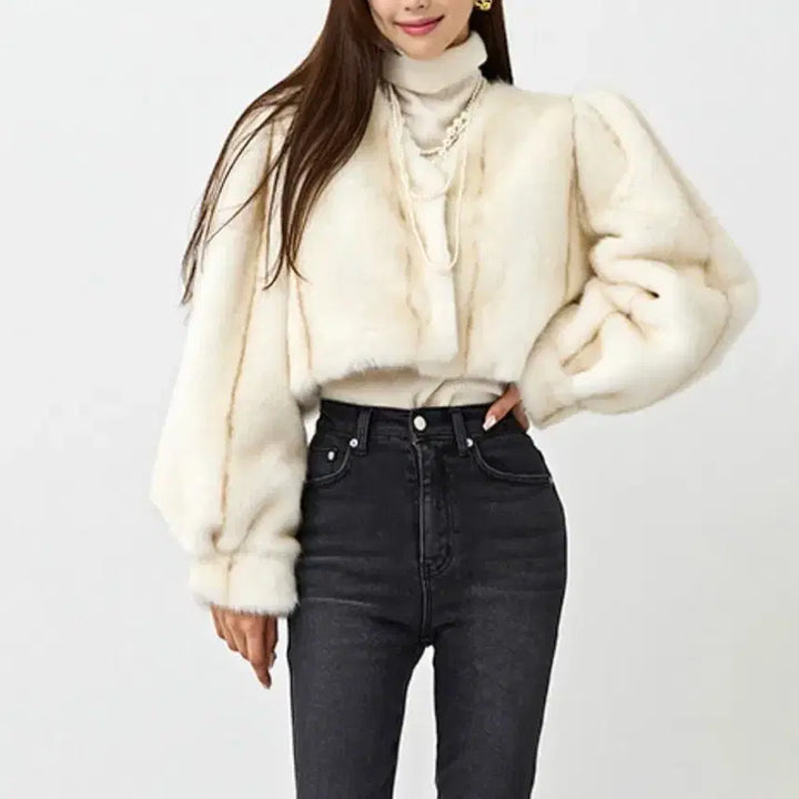 [BUNJANG] Ivory V-neck Puff Fur Jacket / <아이보리> 브이넥 퍼프 퍼자켓