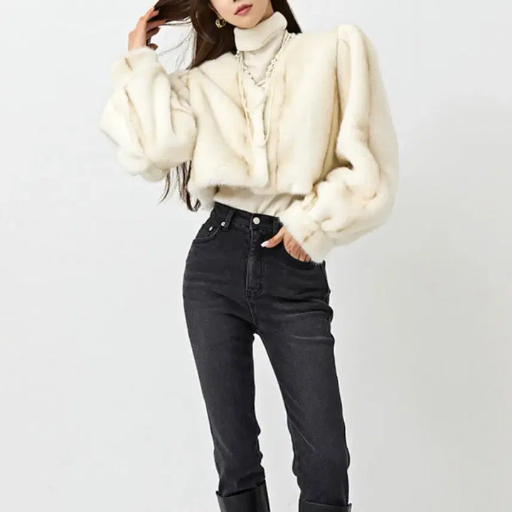 [BUNJANG] Ivory V-neck Puff Fur Jacket / <아이보리> 브이넥 퍼프 퍼자켓