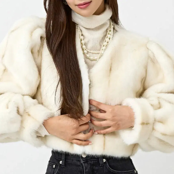 [BUNJANG] Ivory V-neck Puff Fur Jacket / <아이보리> 브이넥 퍼프 퍼자켓
