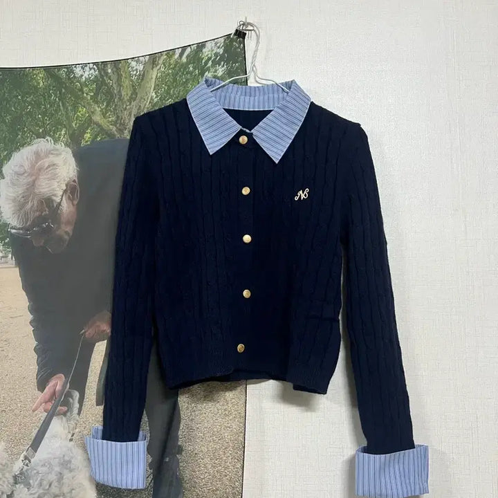 [BUNJANG] Navy Cable Knit Cardigan Shirt / 네이비 꽈배기 니트 가디건 셔츠 레이어드