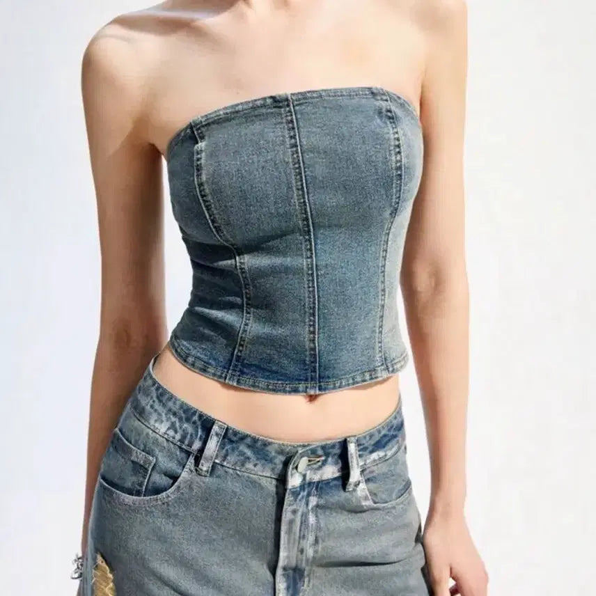 [BUNJANG] Denim Tube Top / 데미지 데님 튜브탑