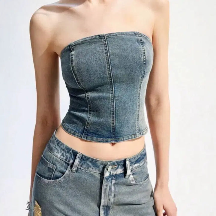 [BUNJANG] Denim Tube Top / 데미지 데님 튜브탑