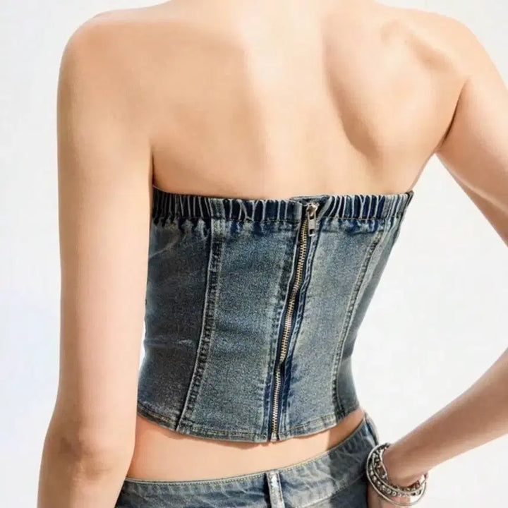 [BUNJANG] Denim Tube Top / 데미지 데님 튜브탑