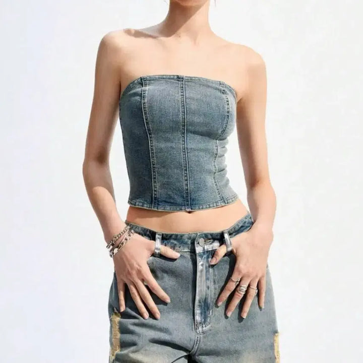 [BUNJANG] Denim Tube Top / 데미지 데님 튜브탑