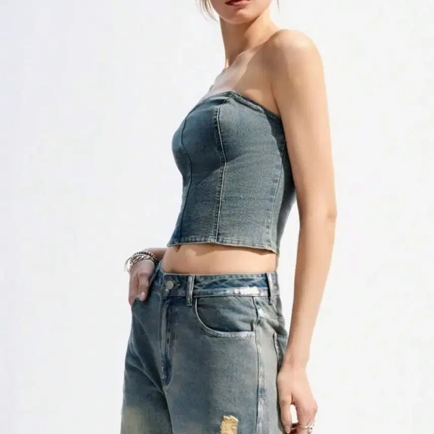 [BUNJANG] Denim Tube Top / 데미지 데님 튜브탑