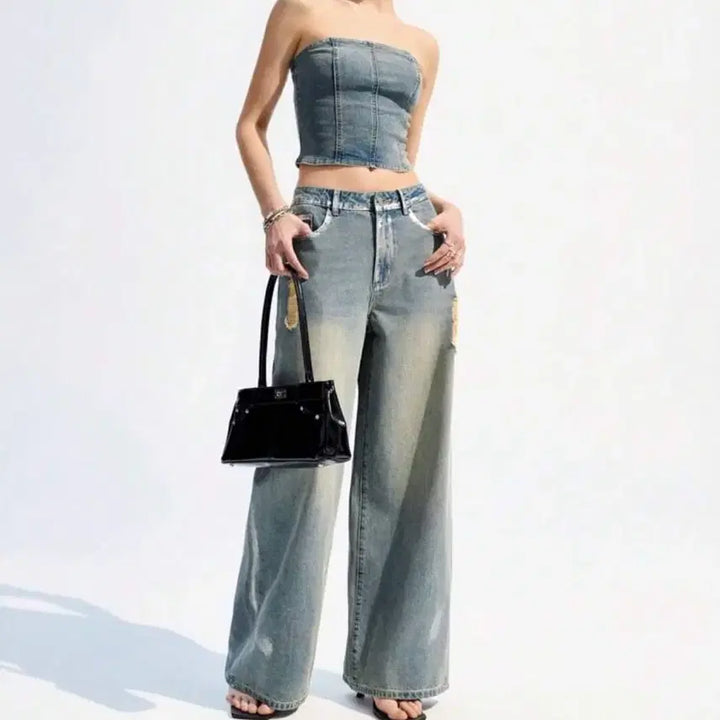 [BUNJANG] Denim Tube Top / 데미지 데님 튜브탑