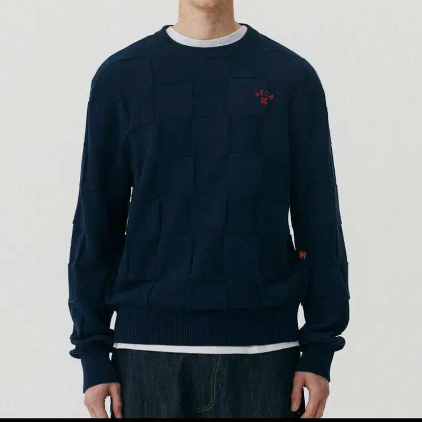 [BUNJANG] Aeka White Checkboard Round Knit (Navy) - Size M / (무료배송) [M] 에이카화이트 체카보드 라운드 니트 (네이비)
