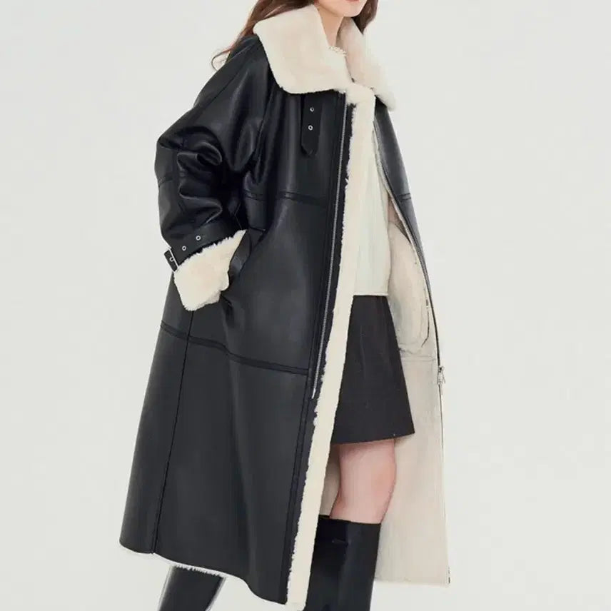[BUNJANG] Metaverse Leather Long Coat / 메타퍼 가죽 롱 무스탕 코트 롱코트