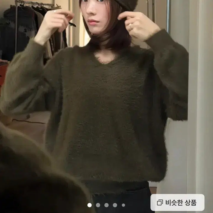 [BUNJANG] Slowand Khaki V-Neck Knit Beanie Set / 새상품)) 슬로우앤드 보송퍼 브이넥 니트 + 비니 세트 카키