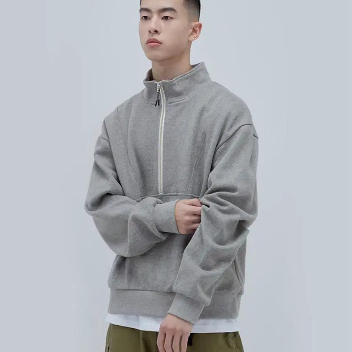 [SOLD OUT] [L] 사운즈라이프 하프 집 풀오버 맨투맨 멜란지그레이
