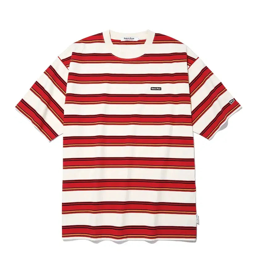 [BUNJANG] Basic Logo Multi Stripe Short Sleeve T-shirt Red / 베이직로고 멀티 스트라이프 반팔 티셔츠 레드
